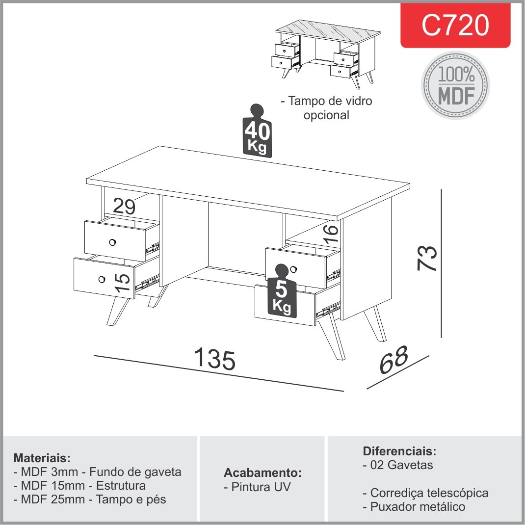Mesa escritório Dalla Costa C720wj 100%MDF - Imagem 3